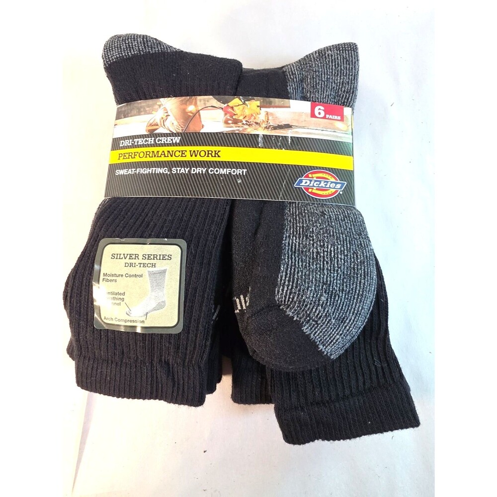 New Mens 6 Pairs Dickies Dri-Teck Crew Work Socks Black Gray Size  6-12